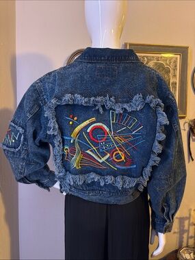 Fringed Dark Blue Embroidered Denim Jacket - Women